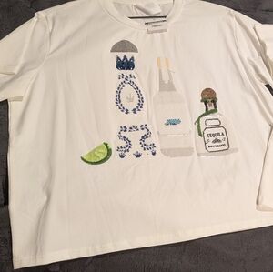 Queen Of Sparkles 3 Tequila Floor Tee T-shirt sequin embellished white Sz M NWT